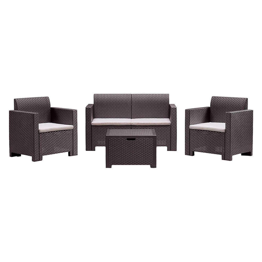 Set da giardino Nebraska II marrone effetto rattan 4 posti con divano, poltrone e tavolo contenitore