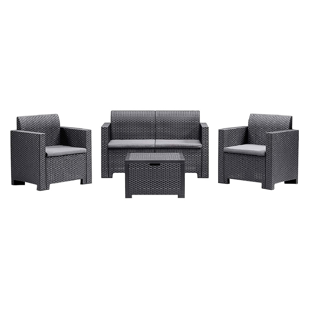 Set da giardino Nebraska II in rattan antracite a 4 posti con divano, poltrone e tavolino
