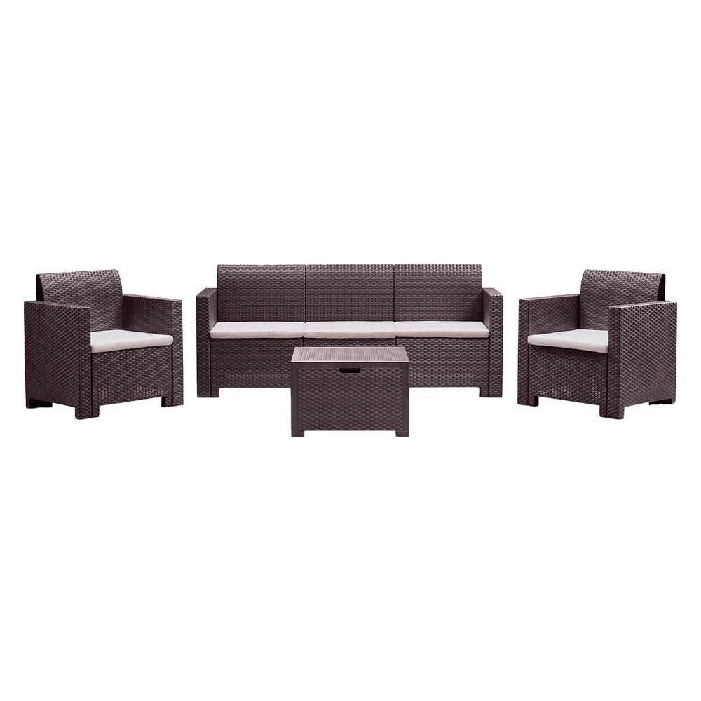 Set da giardino Nebraska III marrone in polipropilene effetto rattan da 4 pezzi con tavolo, 2 poltrone e divano 3 posti Immagine principale del prodotto