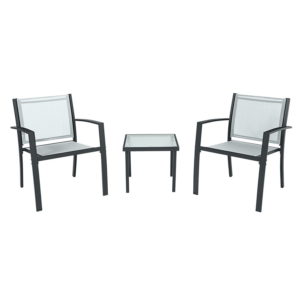 Salotto da giardino Paride in textilene grigio composto da 2 poltrone e tavolino con piano in vetro temperato