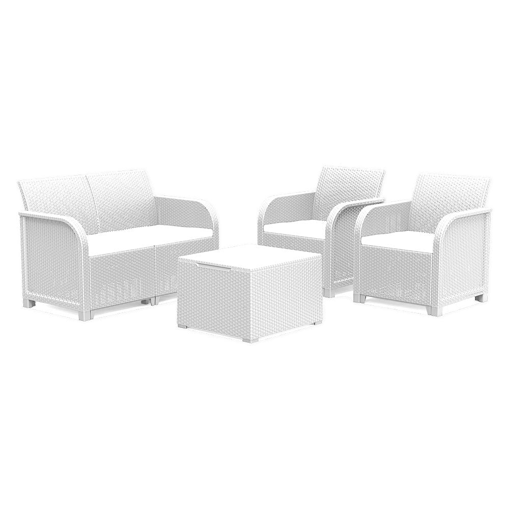 Set da giardino Rosalie Lounge Bianco Keter con divano, poltrone e tavolino contenitore