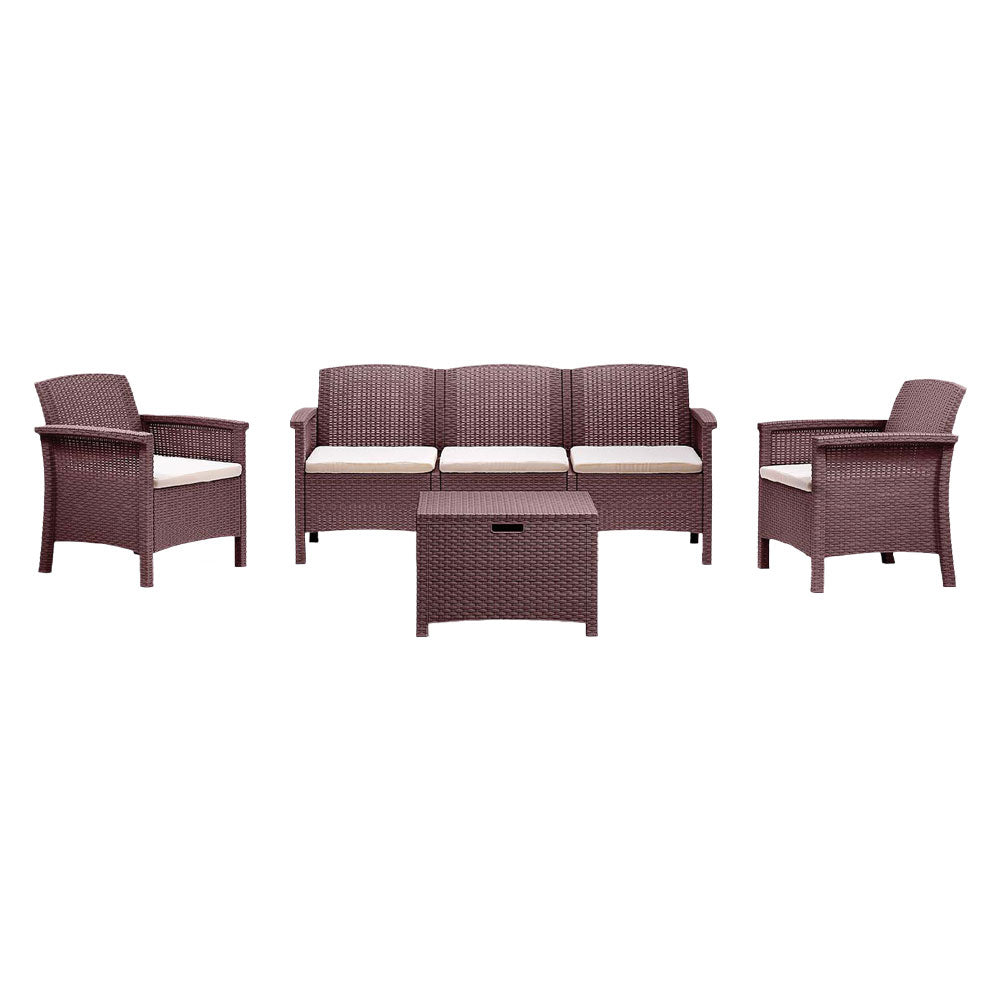 Set da giardino Venezia III marrone in rattan con divano, poltrone, tavolo e cuscini Immagine principale del prodotto
