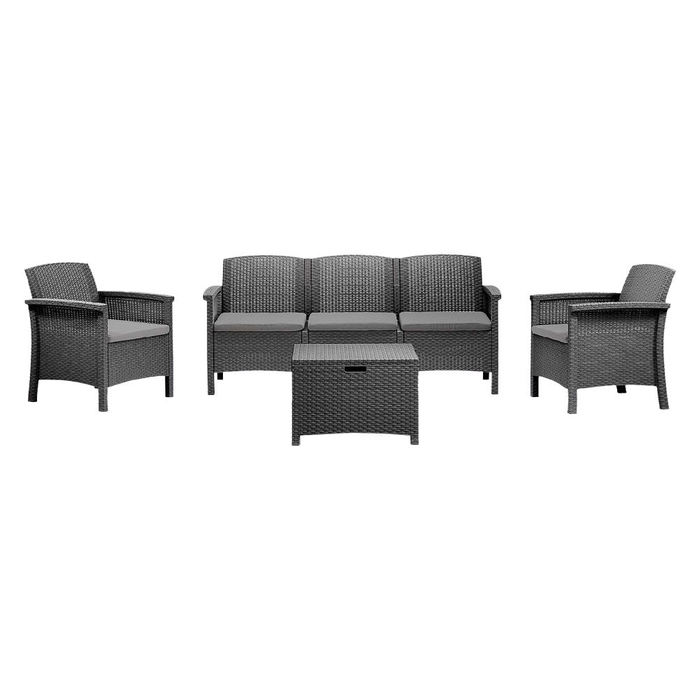 Set da giardino Venezia III in polipropilene effetto rattan colore grafite a 5 posti con divano, poltrone e tavolino Immagine principale del prodotto