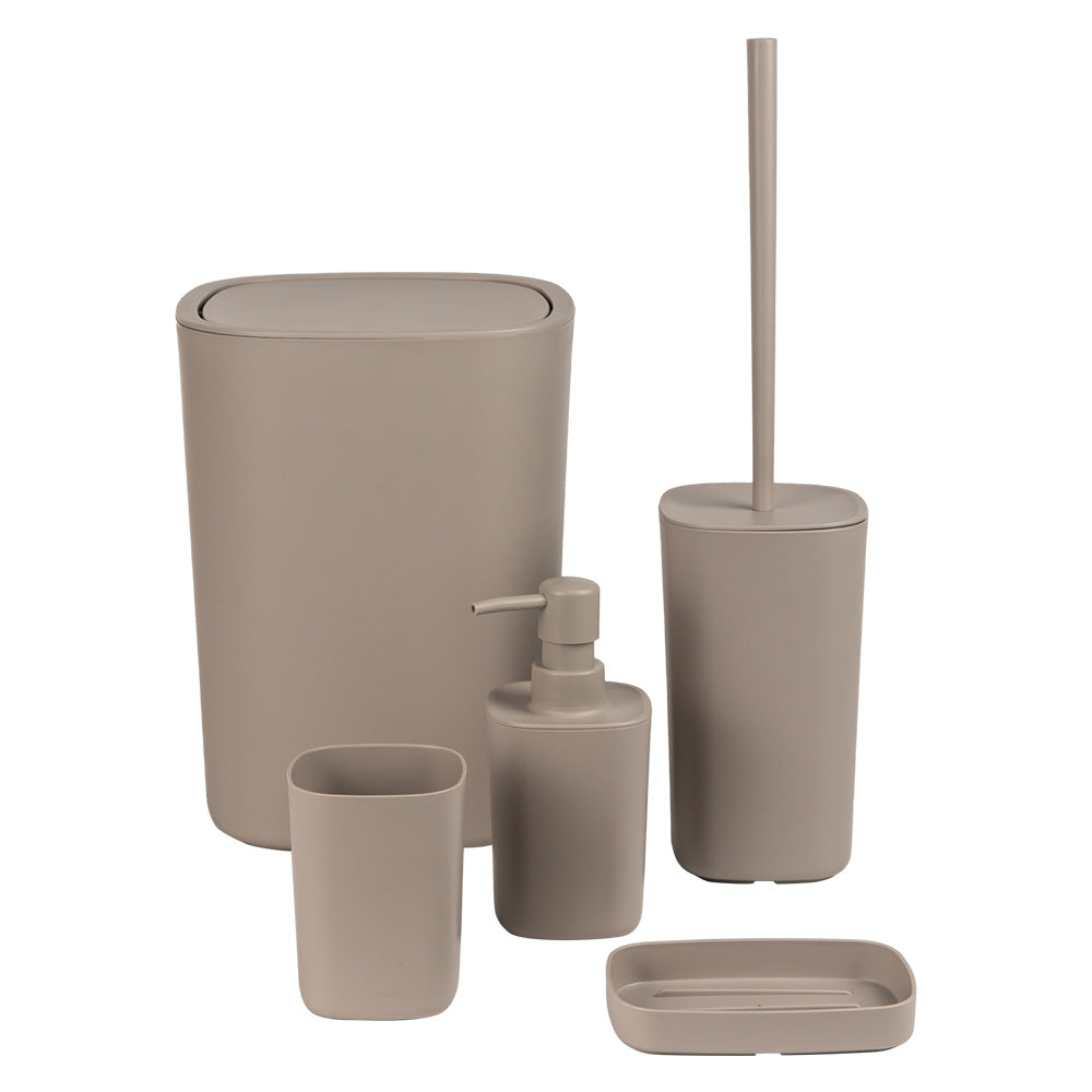 Kit accessori da bagno Poddy in termoplastico color tortora con gettacarta, porta sapone, porta spazzolini, dispenser e portascopino