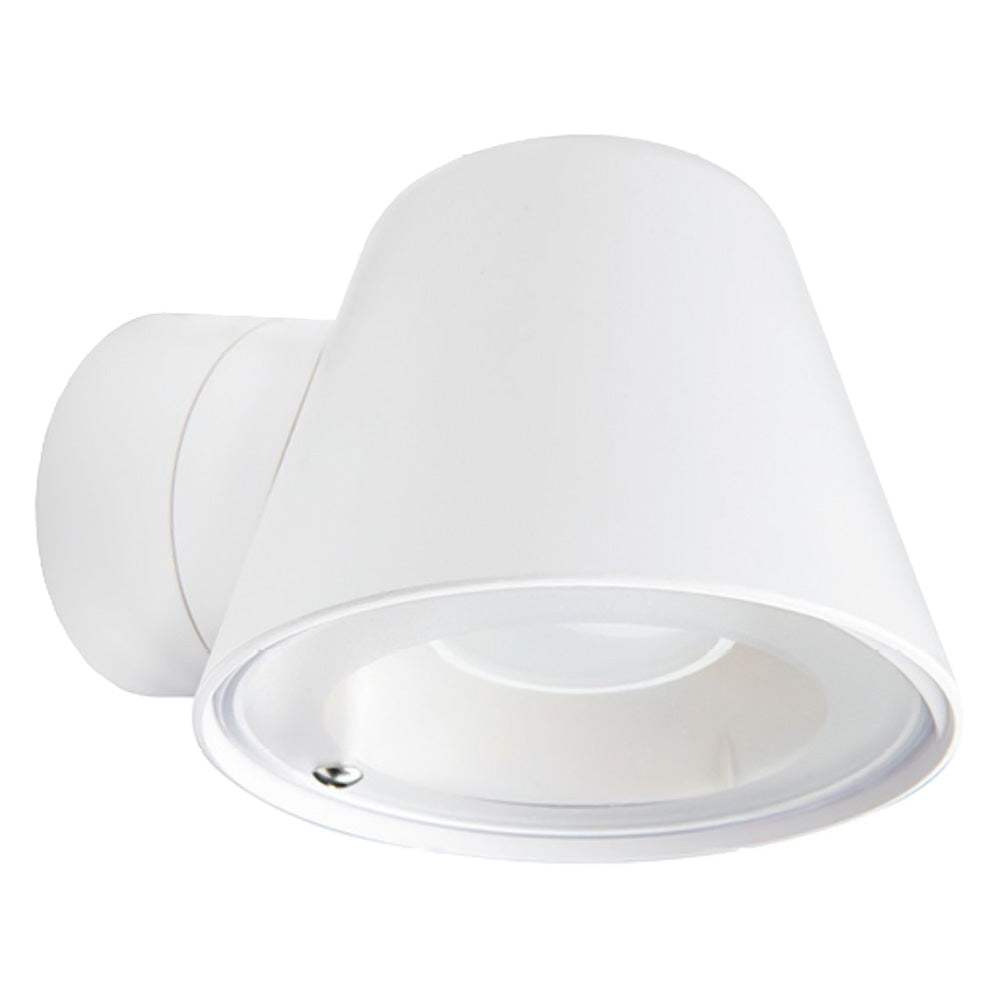 Applique LED Cup Sovil in termoplastico bianco con attacco E27 e diffusore trasparente per esterni
