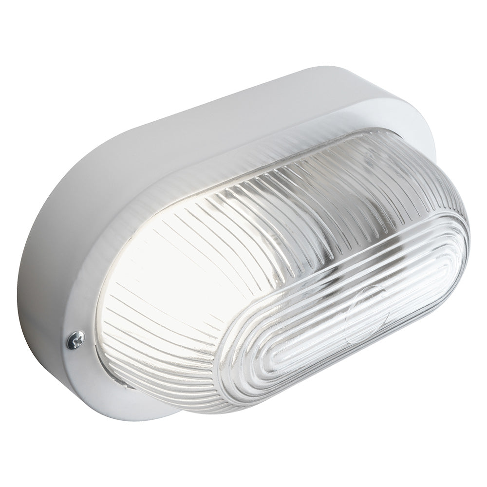 Plafoniera ovale bianca da esterno in policarbonato IP44 con attacco E27 20,5x12x9,2 cm