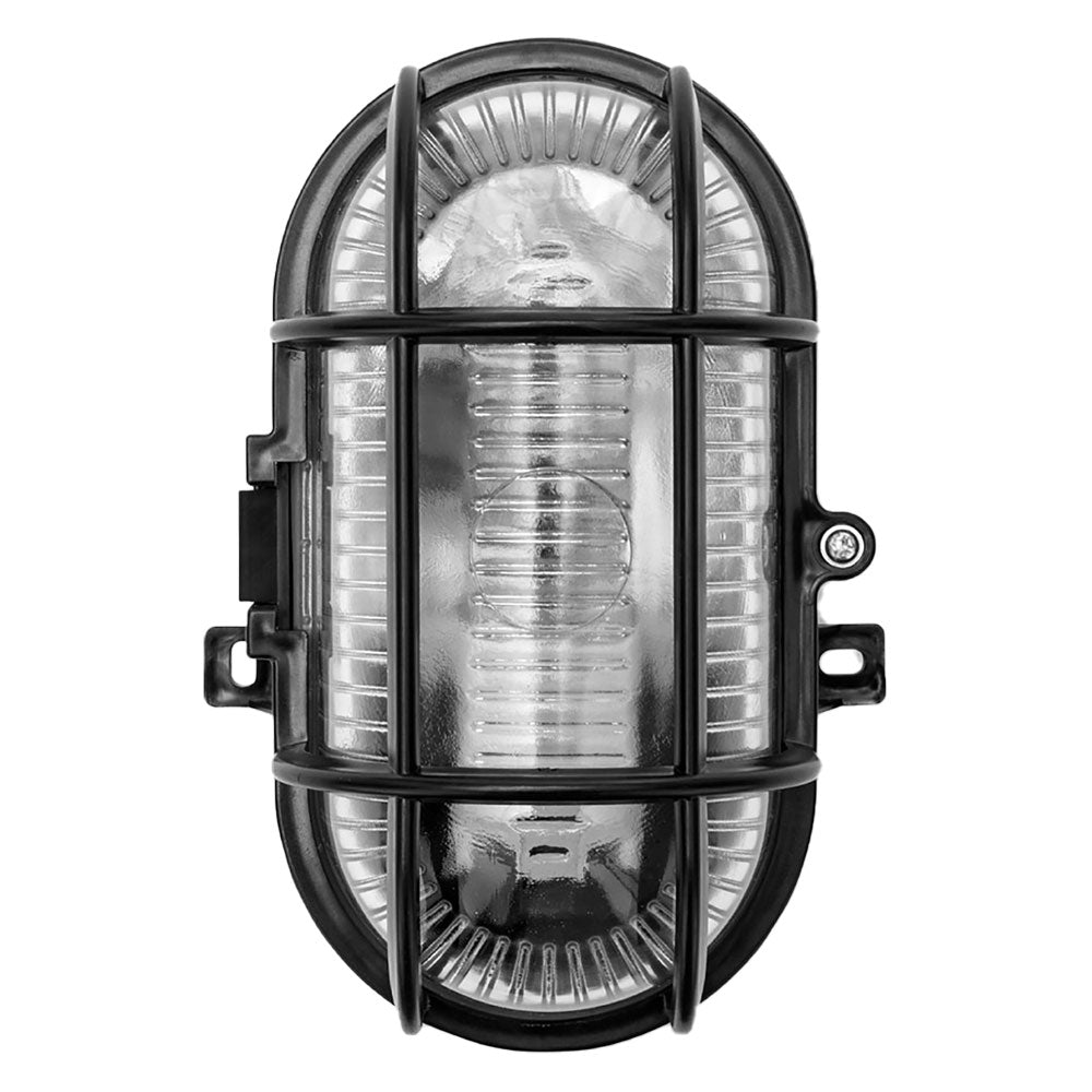 Plafoniera ovale nera IP44 E27 Velamp da parete e soffitto con griglia e vetro satinato Immagine principale del prodotto