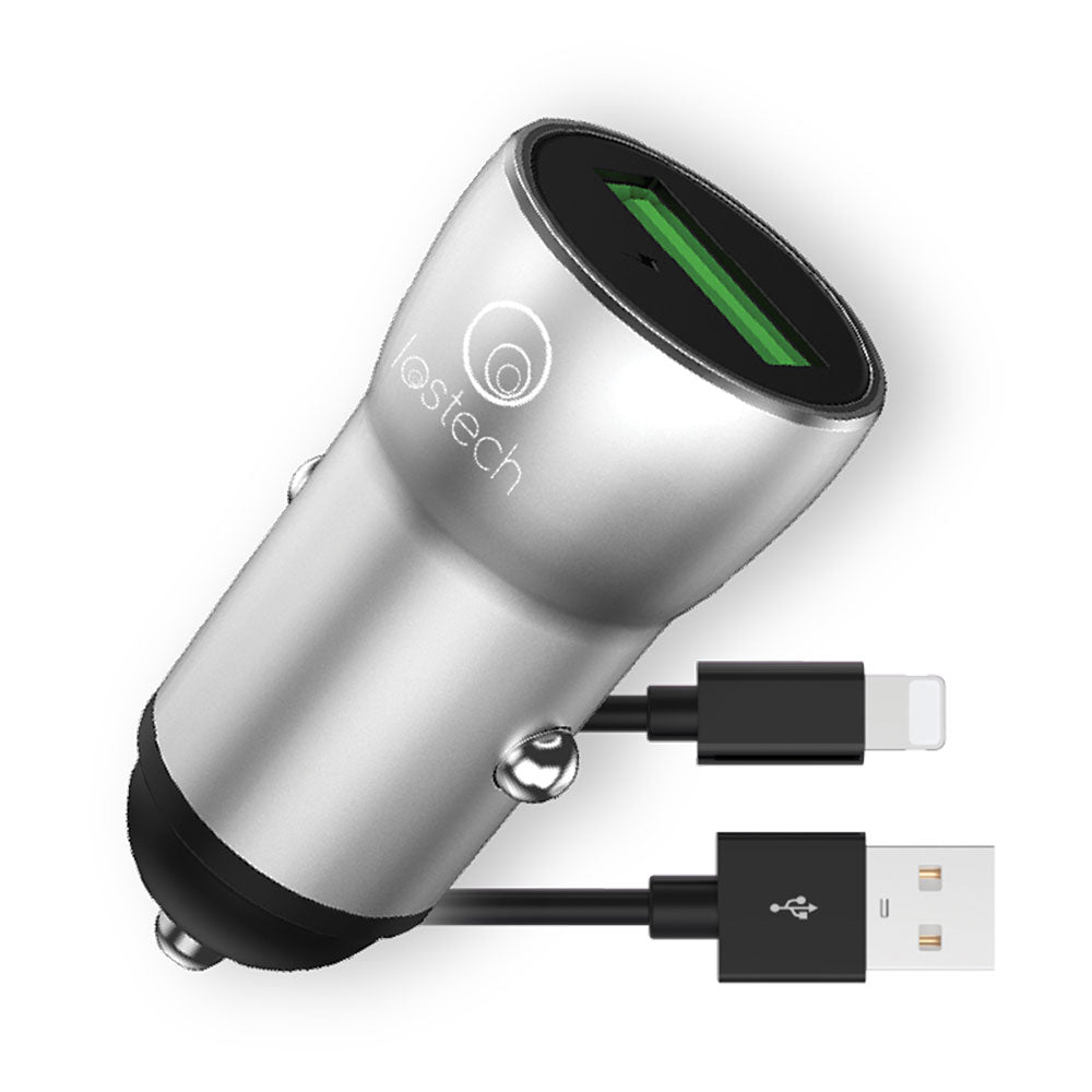 Caricabatteria da auto in metallo con cavo Lightning e porta USB extra. Ricarica rapida e sicura a 9V-2A per i tuoi dispositivi. Acquista ora! Immagine principale del prodotto