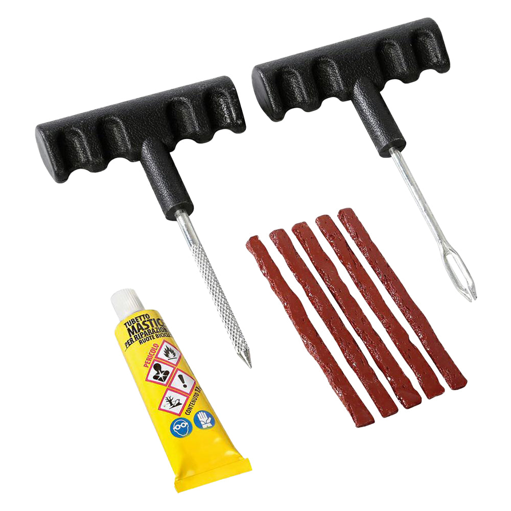 Ripara le forature di auto e moto in pochi minuti con il Kit Ripara Gomme Galaxy da 6 pezzi. Include collante, utensili e stoppini. Acquista ora! Immagine principale del prodotto
