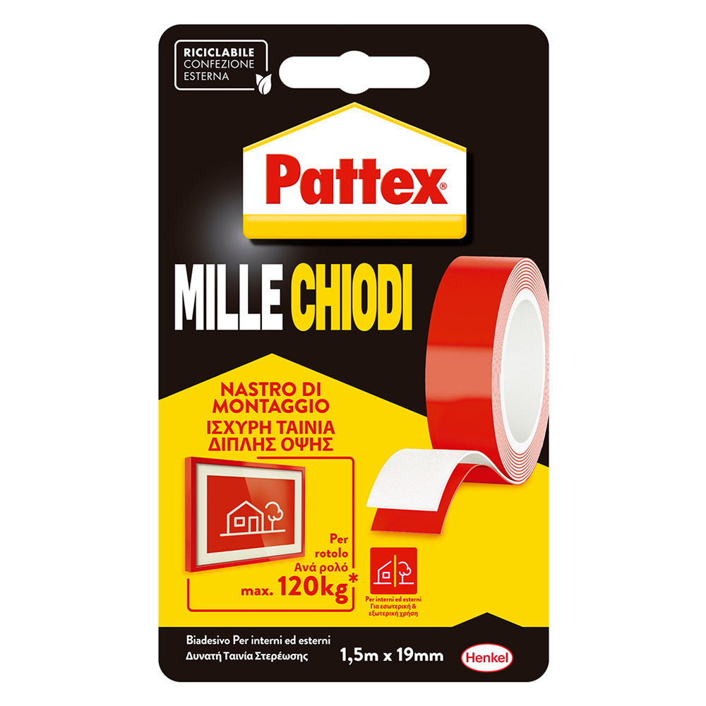 Nastro biadesivo Pattex Millechiodi bianco 19 mm x 1,5 m ad alta tenuta Immagine principale del prodotto