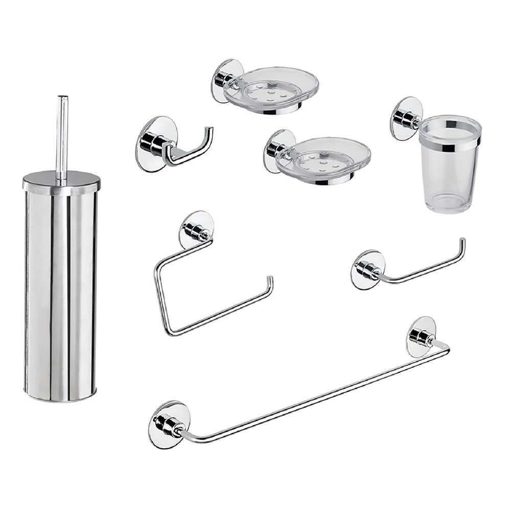 Set di accessori da bagno 8 pezzi Wind in acciaio cromato con fissaggio adesivo o a vite