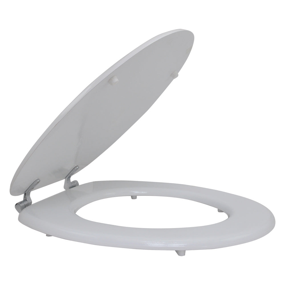 Sedile WC universale in legno MDF laccato bianco 38x44 cm con cerniere cromate