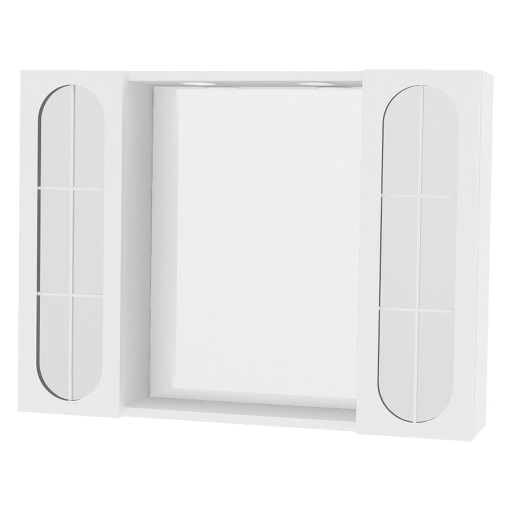 Specchiera da bagno pensile Oltea laccata bianca con luce LED e pensili laterali in vetro