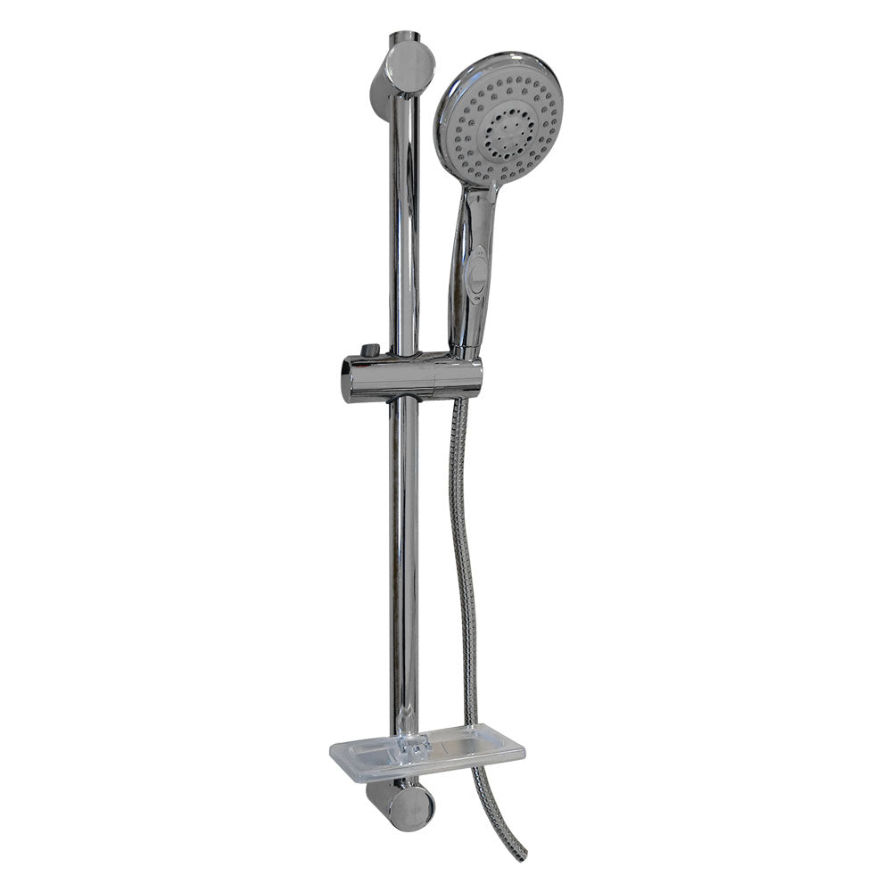 Saliscendi doccia cromato Linea Grey con doccetta a 5 getti, flessibile e portasapone