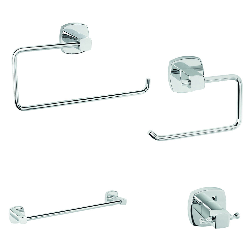 Starter set da bagno 4 pezzi in acciaio cromato con porta asciugamani, porta rotolo e appendiabiti Immagine principale del prodotto