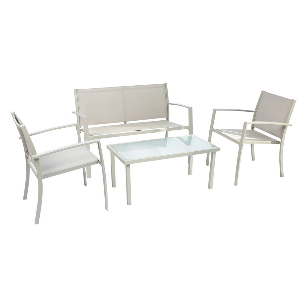 Set giardino modello Scarlino color tortora in acciaio e textilene con divanetto, 2 poltrone e tavolino in vetro temperato Immagine principale del prodotto