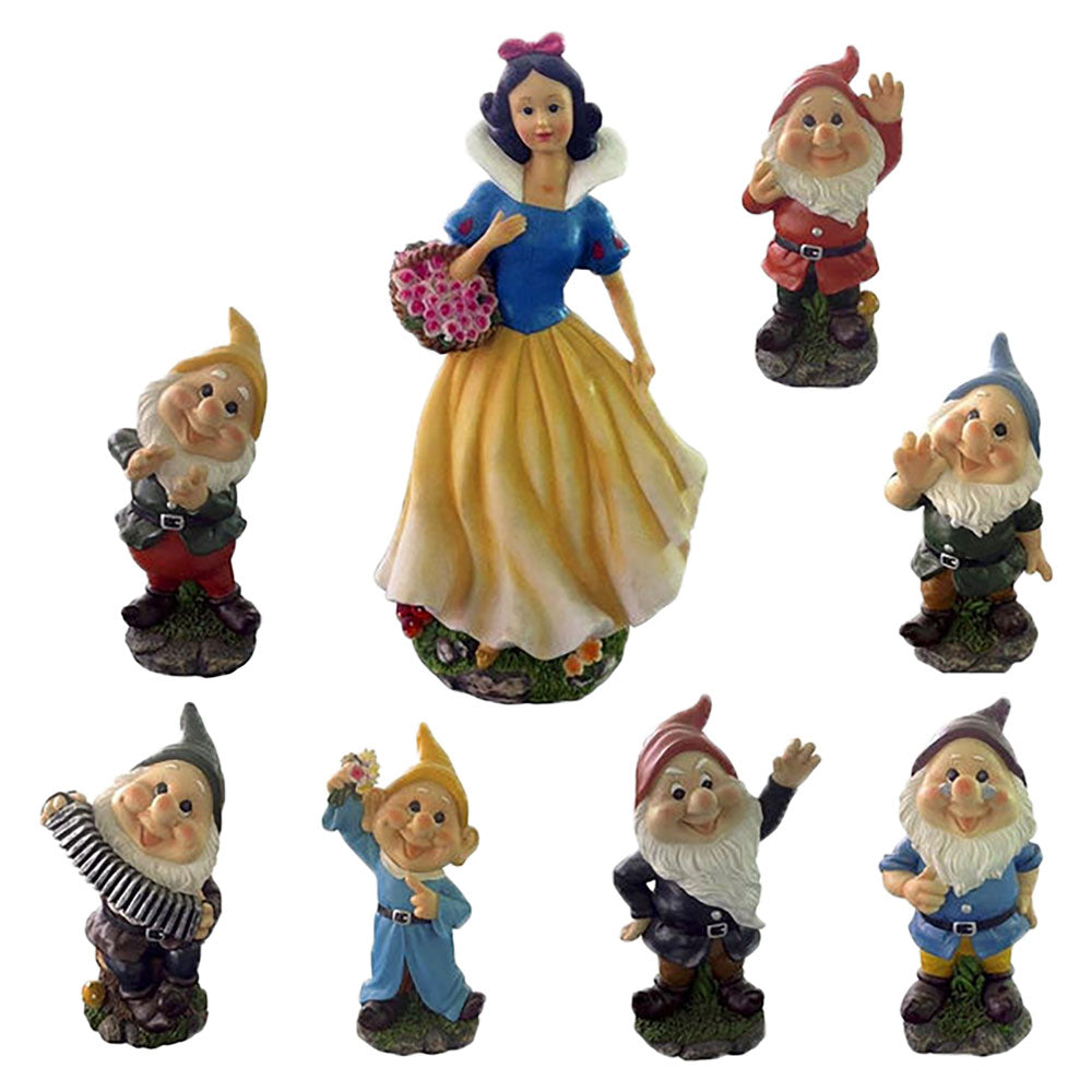 Set di 8 statuette da giardino in poliresina raffiguranti Biancaneve e i sette nani
