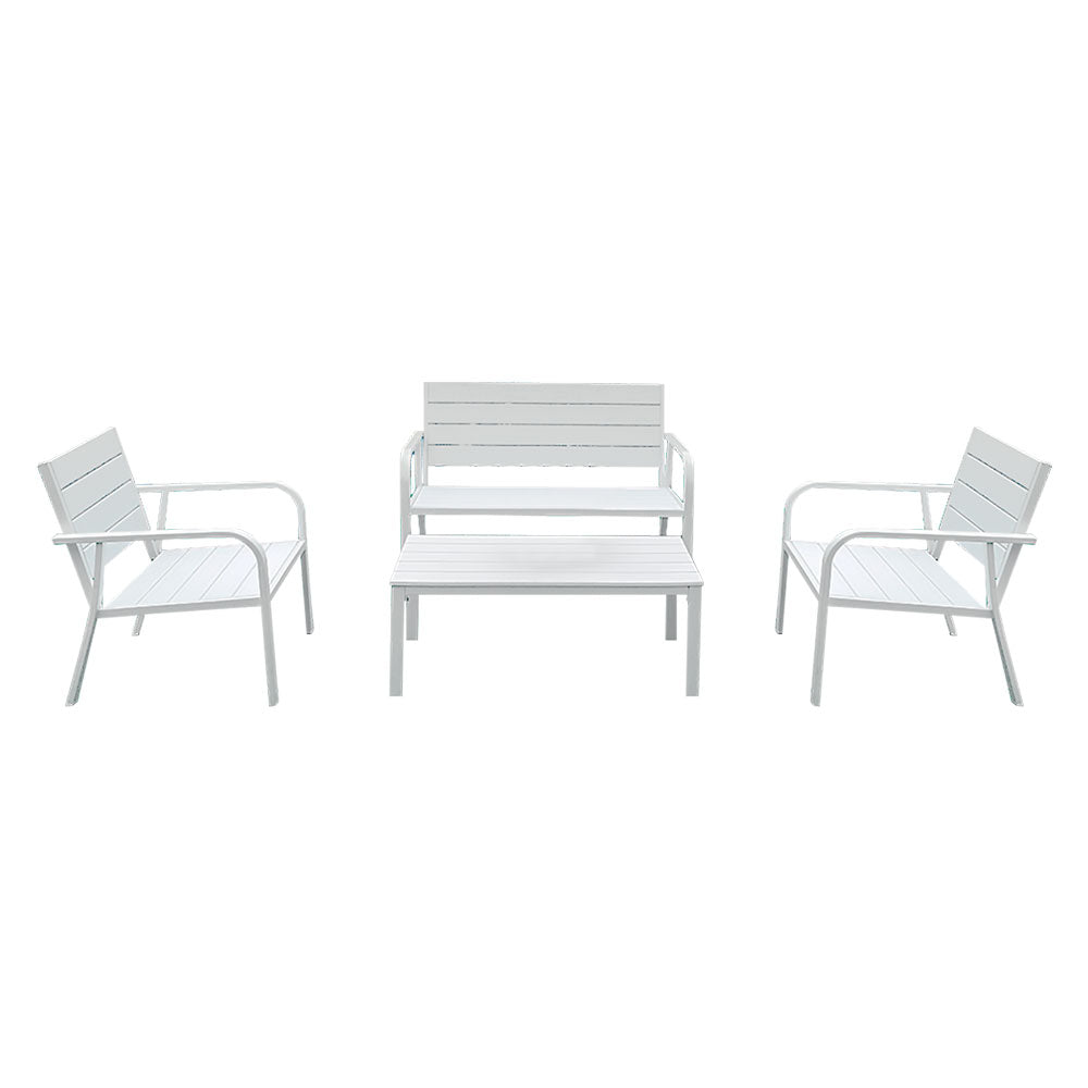 Set da giardino Arbus in polywood bianco da 4 pezzi composto da 2 sedie con braccioli, divanetto a due posti e tavolino