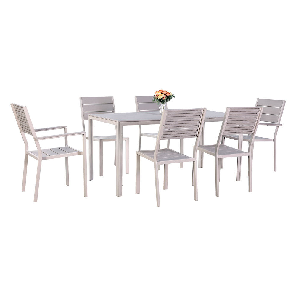 Set da giardino Assos in acciaio e HDPE beige per 6 persone con tavolo e sedie